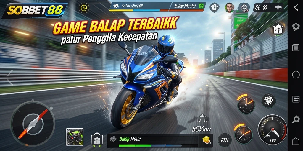Antarmuka menampilkan motor balap dengan trek yang mendebarkan.